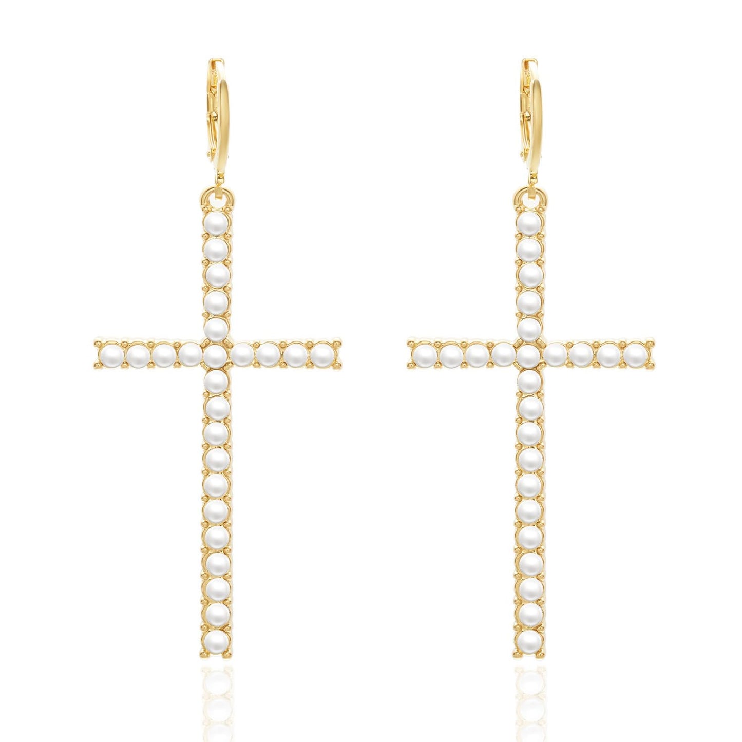Pearl & Rhinestone Cross Dangle Huggie Earrings