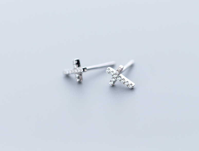 Sterling Silver Minimalist Crystal Cross Studs