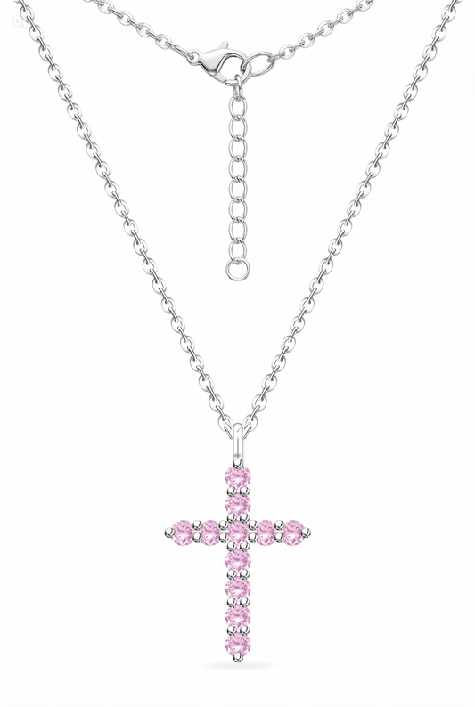 Dainty Pink Crystal Cross Necklace
