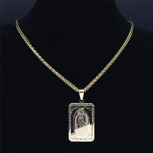Our Lady of Guadalupe Vintage Square Medal Pendant Necklace