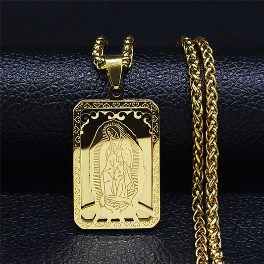 Our Lady of Guadalupe Vintage Square Medal Pendant Necklace