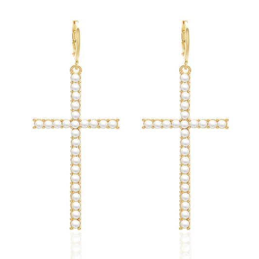 Pearl & Rhinestone Cross Dangle Huggie Earrings