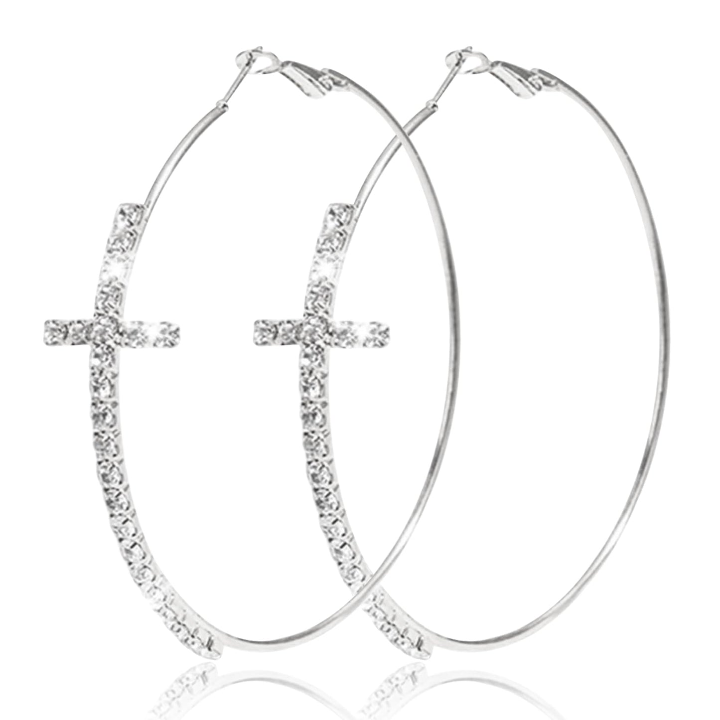 Silver rhinestone Cross Statement Hoop Earrings