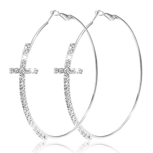 Silver rhinestone Cross Statement Hoop Earrings