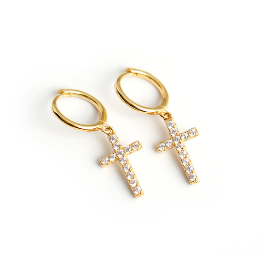 Sterling Silver Crystal Cross Hoop Earrings