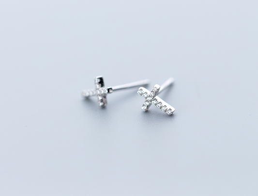 Sterling Silver Minimalist Crystal Cross Studs